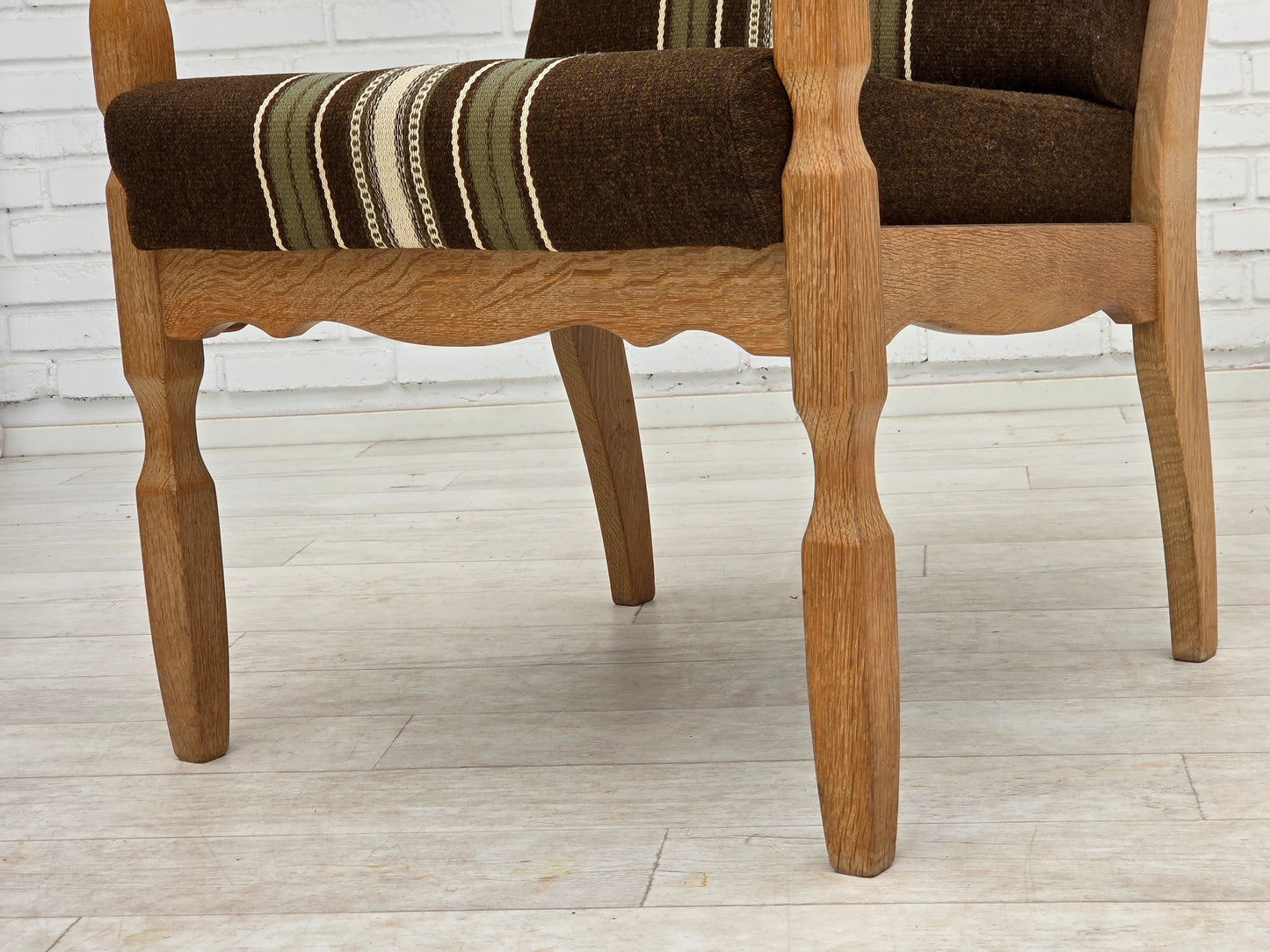 1970s, Danish armchair, original striped furniture wool, carved oak wood.