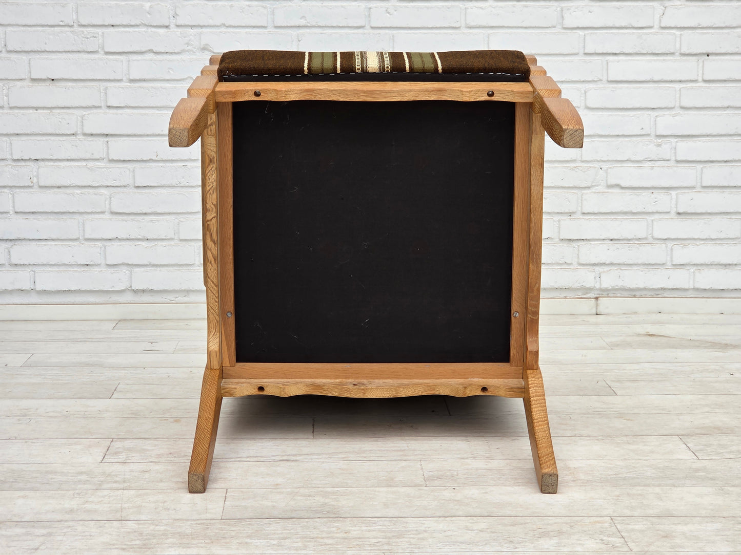 1970s, Danish armchair, original striped furniture wool, carved oak wood.