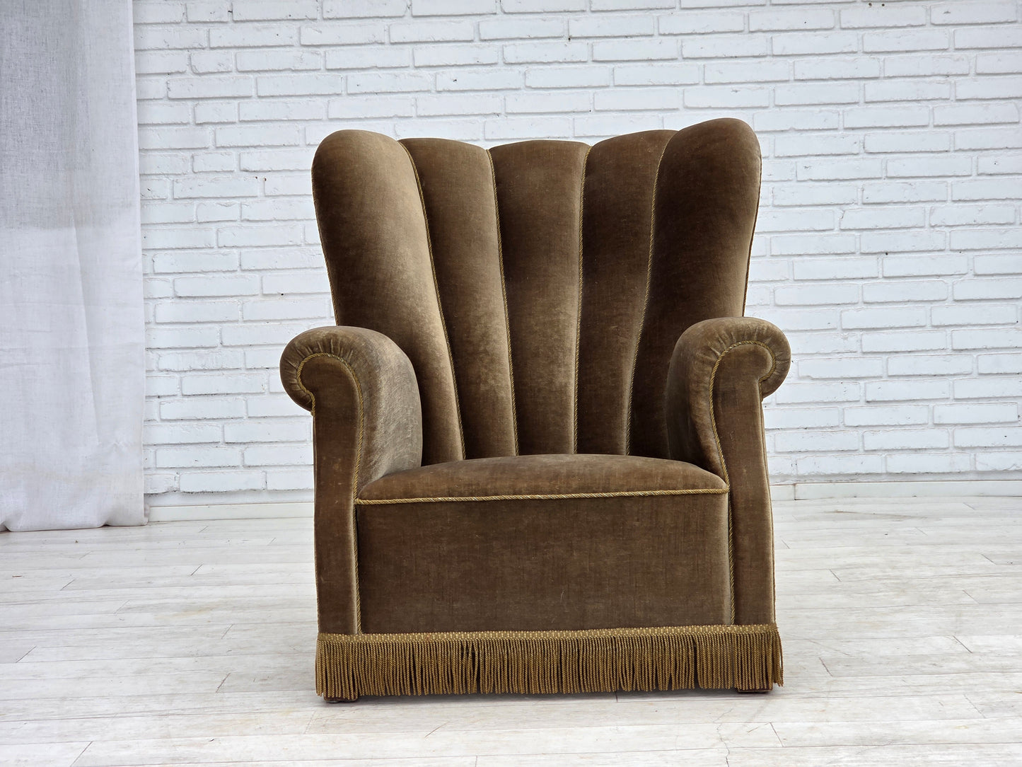 1960s, Danish relax armchair, dark green furniture velour, ash wood.