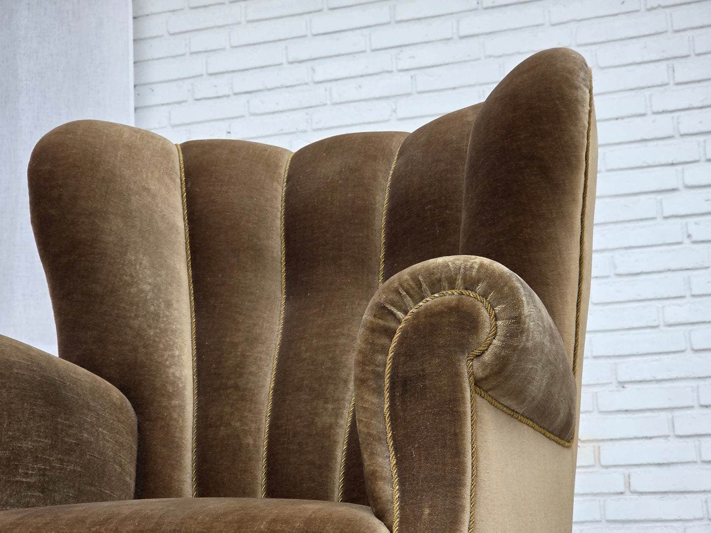 1960s, Danish relax armchair, dark green furniture velour, ash wood.