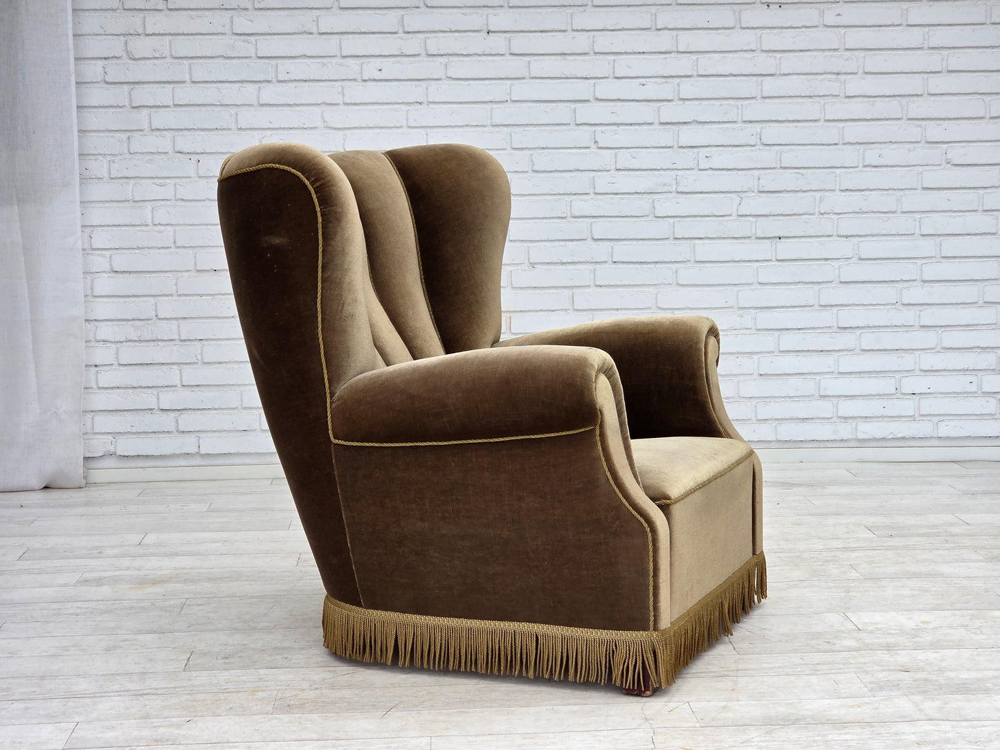 1960s, Danish relax armchair, dark green furniture velour, ash wood.