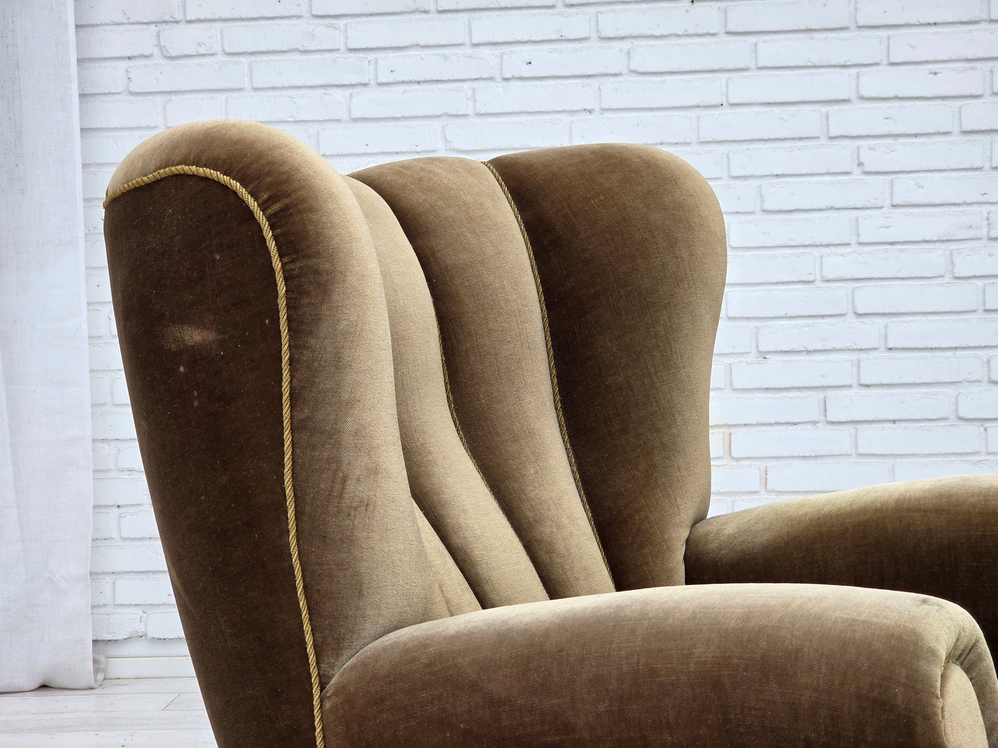 1960s, Danish relax armchair, dark green furniture velour, ash wood.