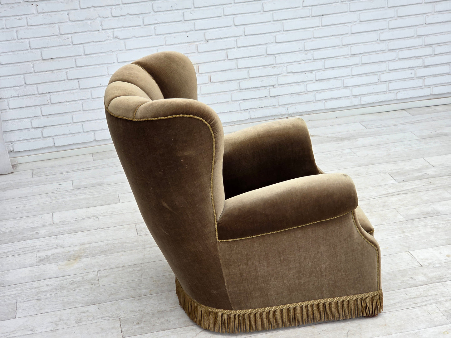 1960s, Danish relax armchair, dark green furniture velour, ash wood.