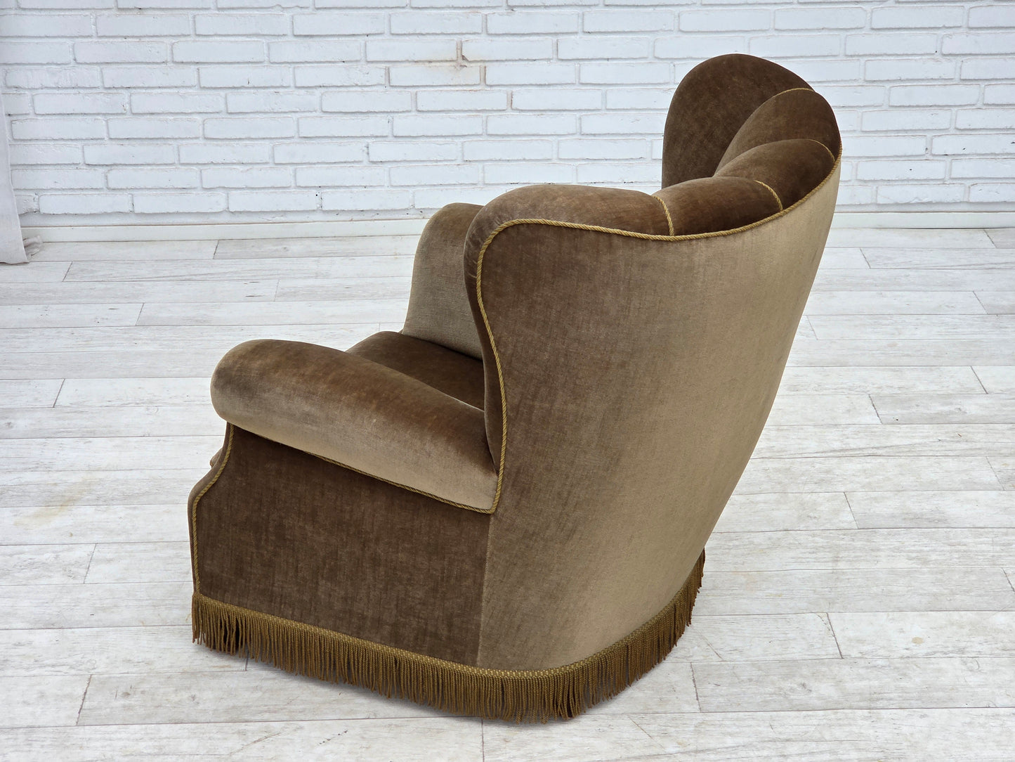 1960s, Danish relax armchair, dark green furniture velour, ash wood.
