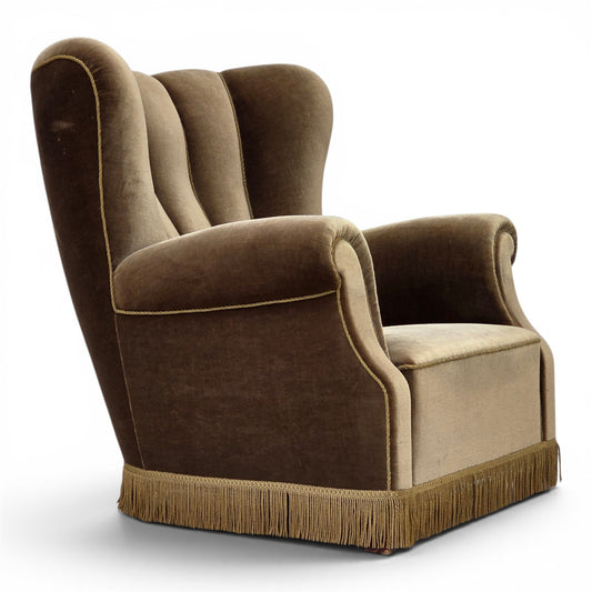 1960s, Danish relax armchair, dark green furniture velour, ash wood.