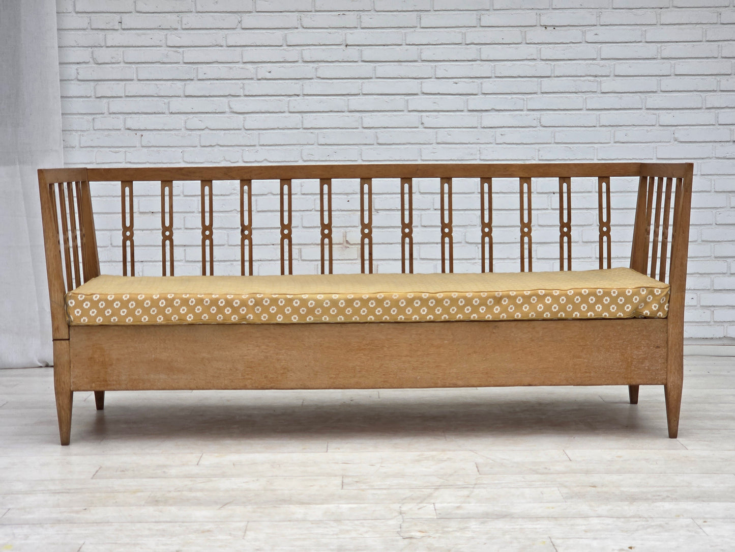 1970s, Swedish drop arm sofa/daybed, furniture fabric, oak wood.