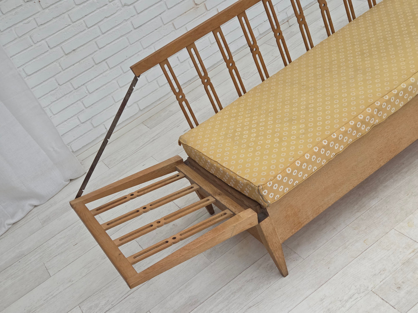 1970s, Swedish drop arm sofa/daybed, furniture fabric, oak wood.
