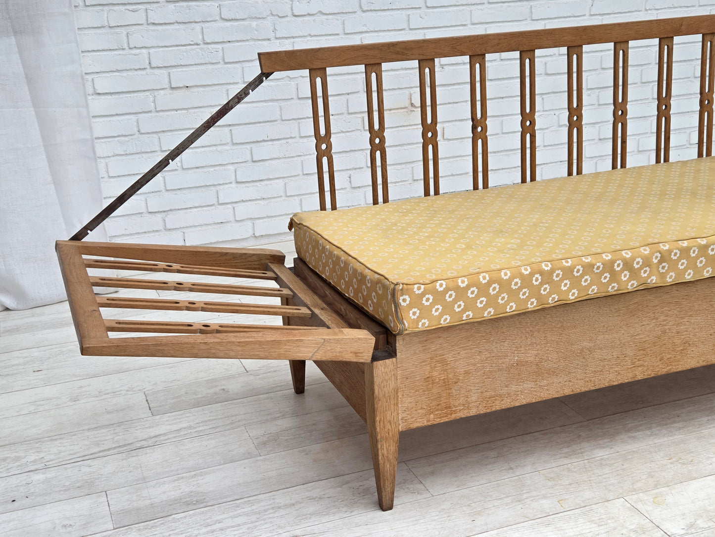 1970s, Swedish drop arm sofa/daybed, furniture fabric, oak wood.