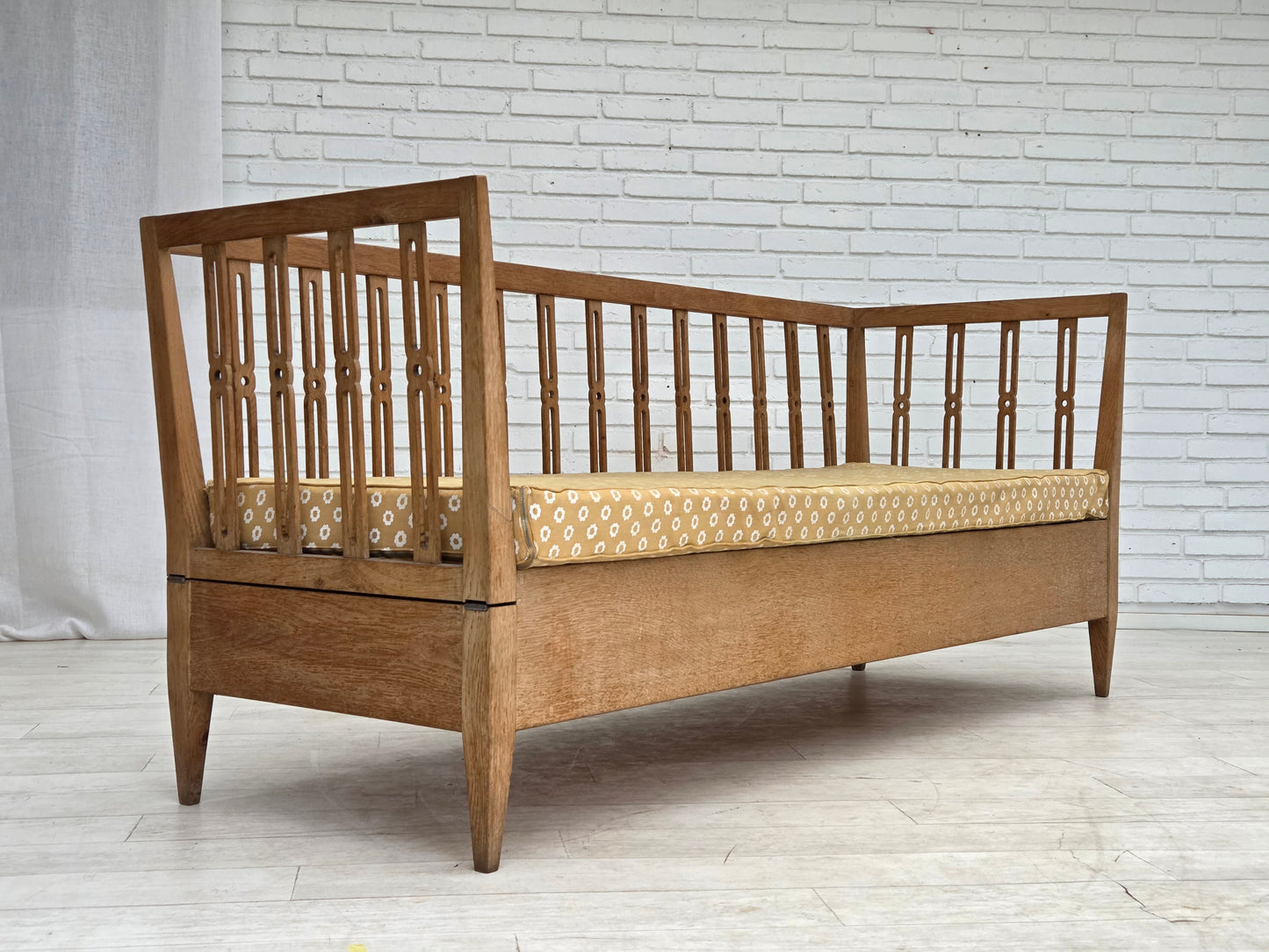1970s, Swedish drop arm sofa/daybed, furniture fabric, oak wood.