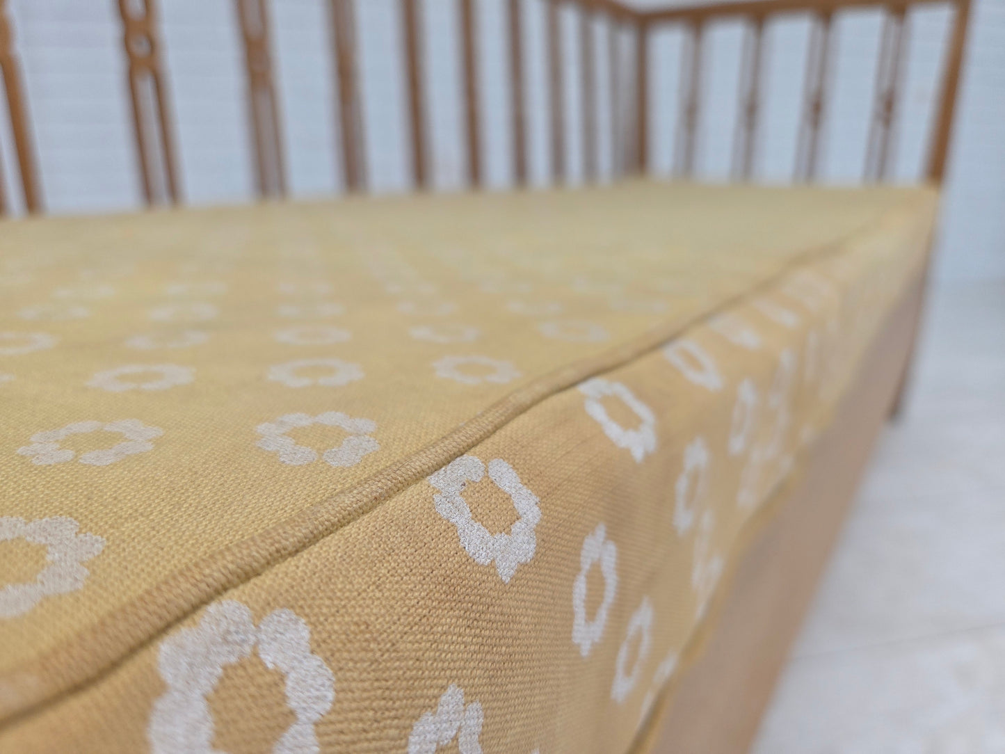 1970s, Swedish drop arm sofa/daybed, furniture fabric, oak wood.