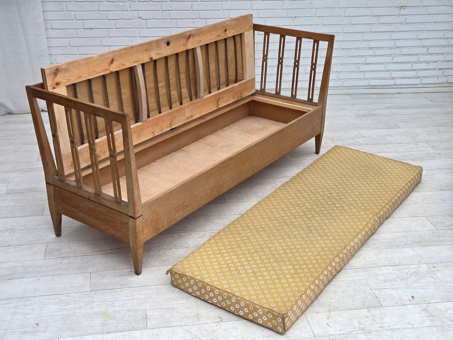 1970s, Swedish drop arm sofa/daybed, furniture fabric, oak wood.