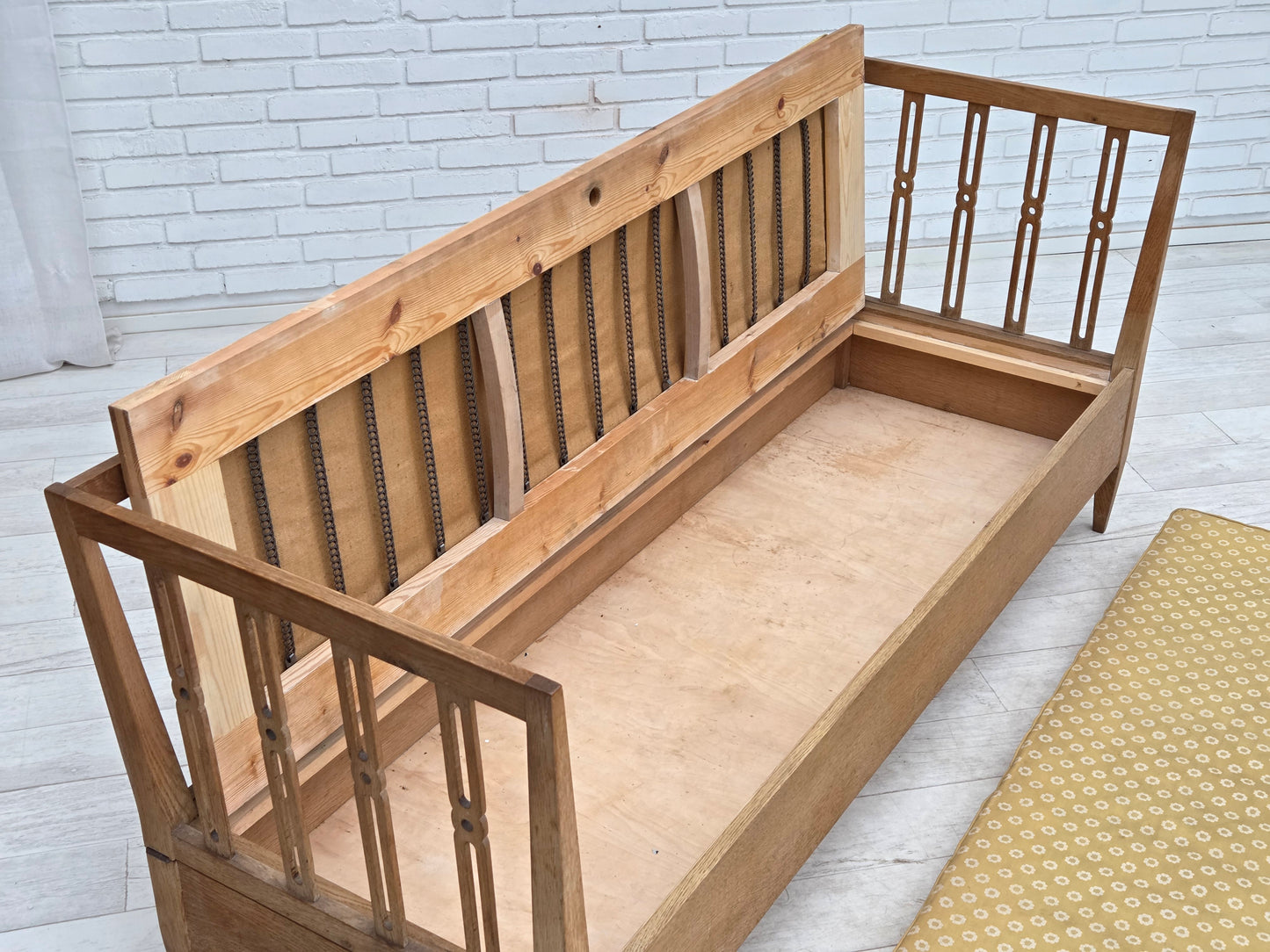 1970s, Swedish drop arm sofa/daybed, furniture fabric, oak wood.