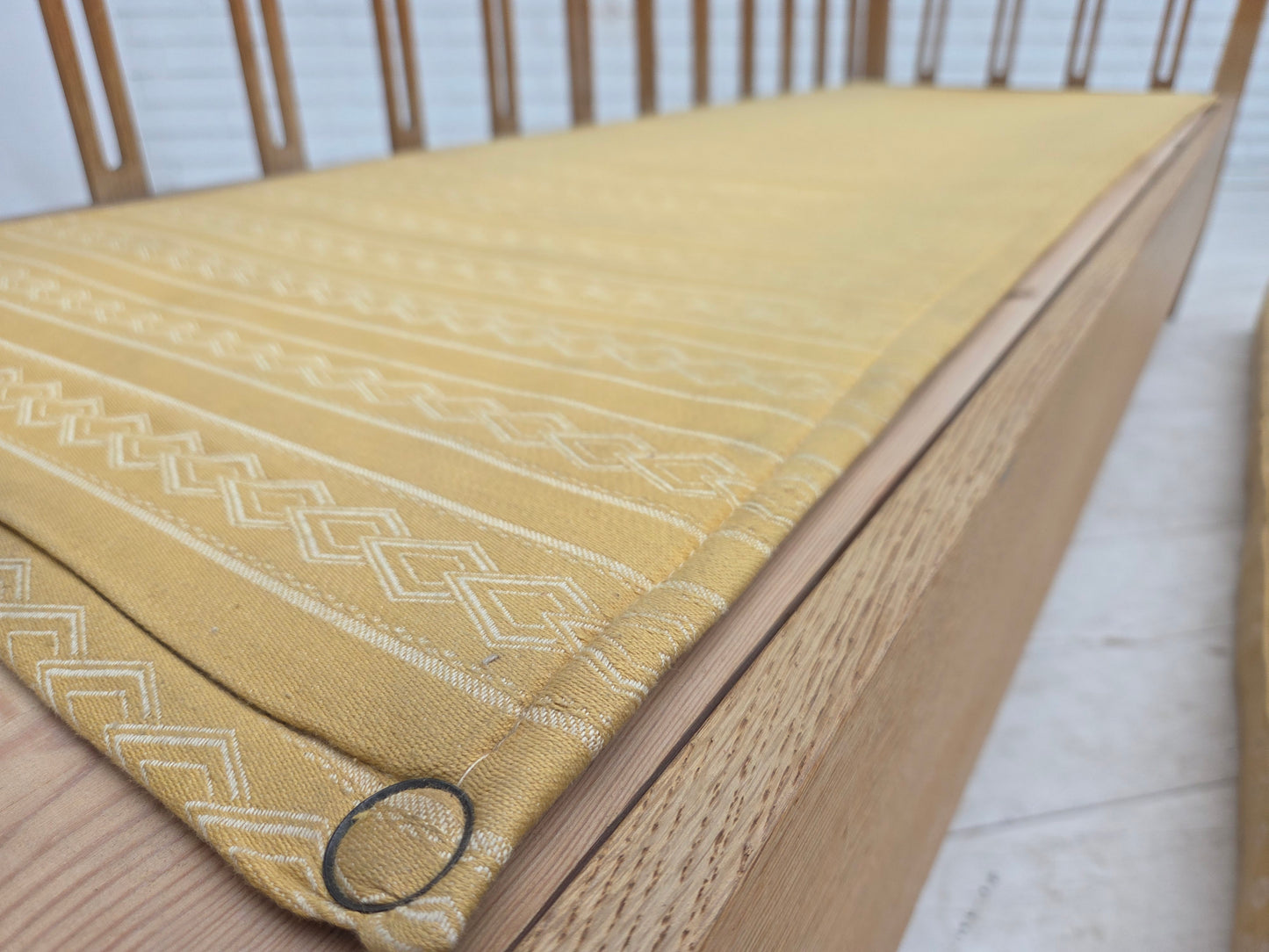 1970s, Swedish drop arm sofa/daybed, furniture fabric, oak wood.