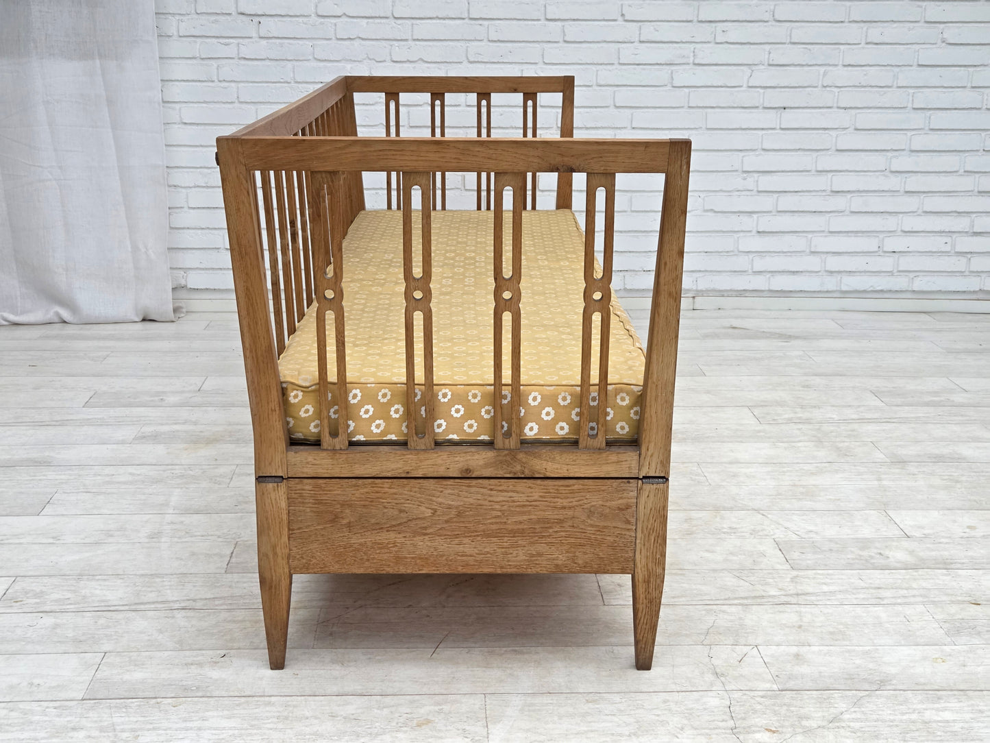 1970s, Swedish drop arm sofa/daybed, furniture fabric, oak wood.