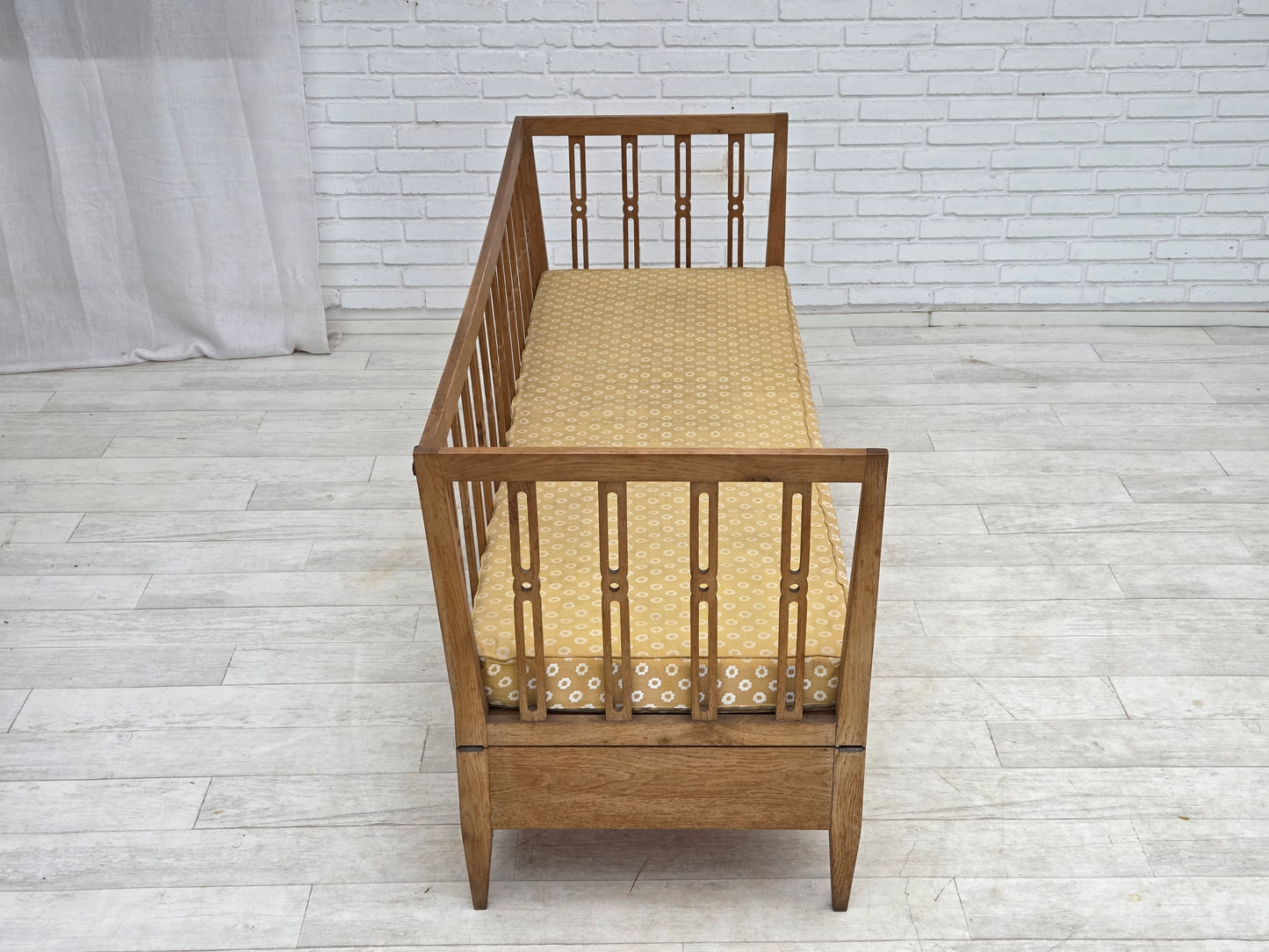 1970s, Swedish drop arm sofa/daybed, furniture fabric, oak wood.