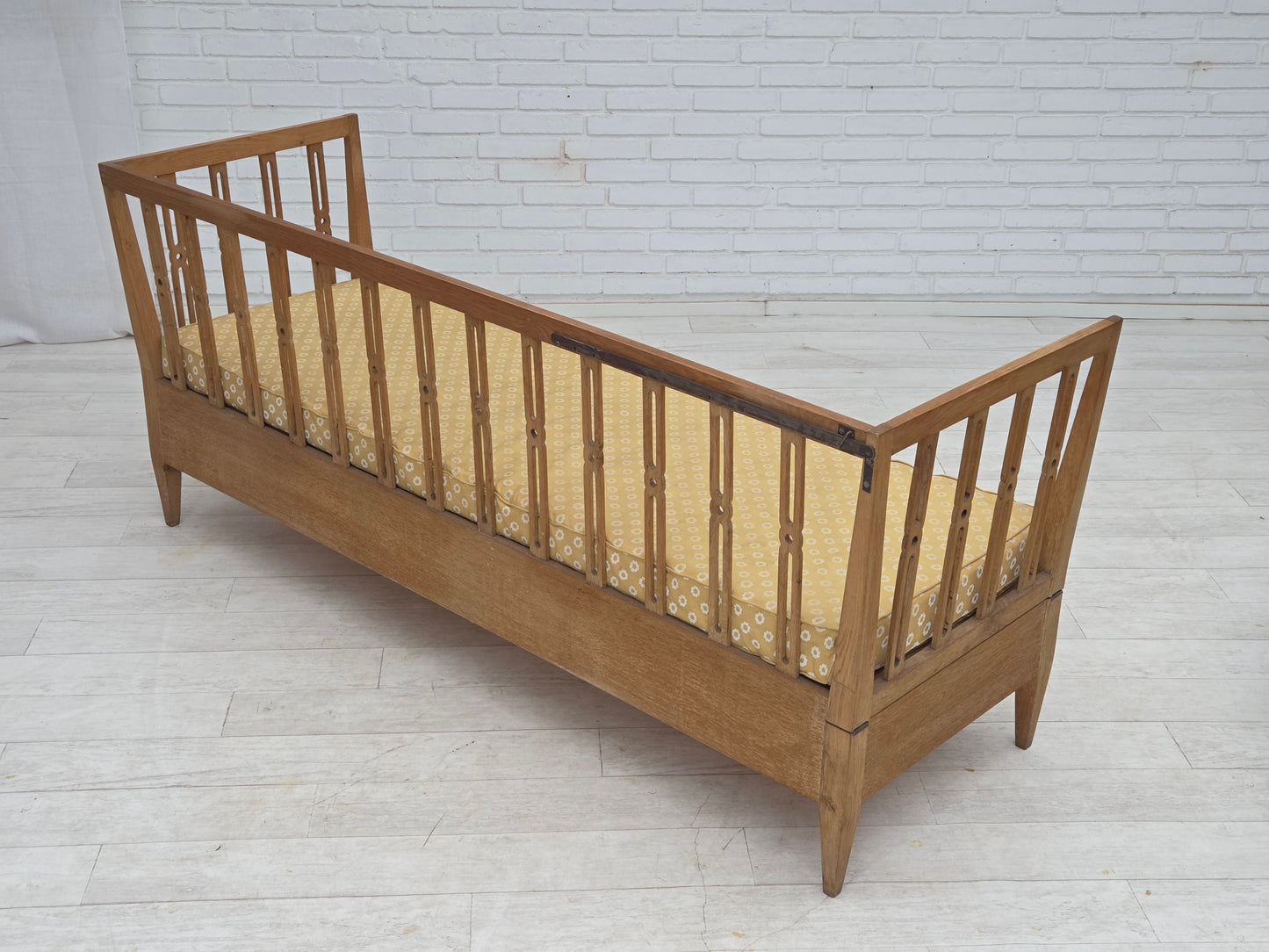 1970s, Swedish drop arm sofa/daybed, furniture fabric, oak wood.
