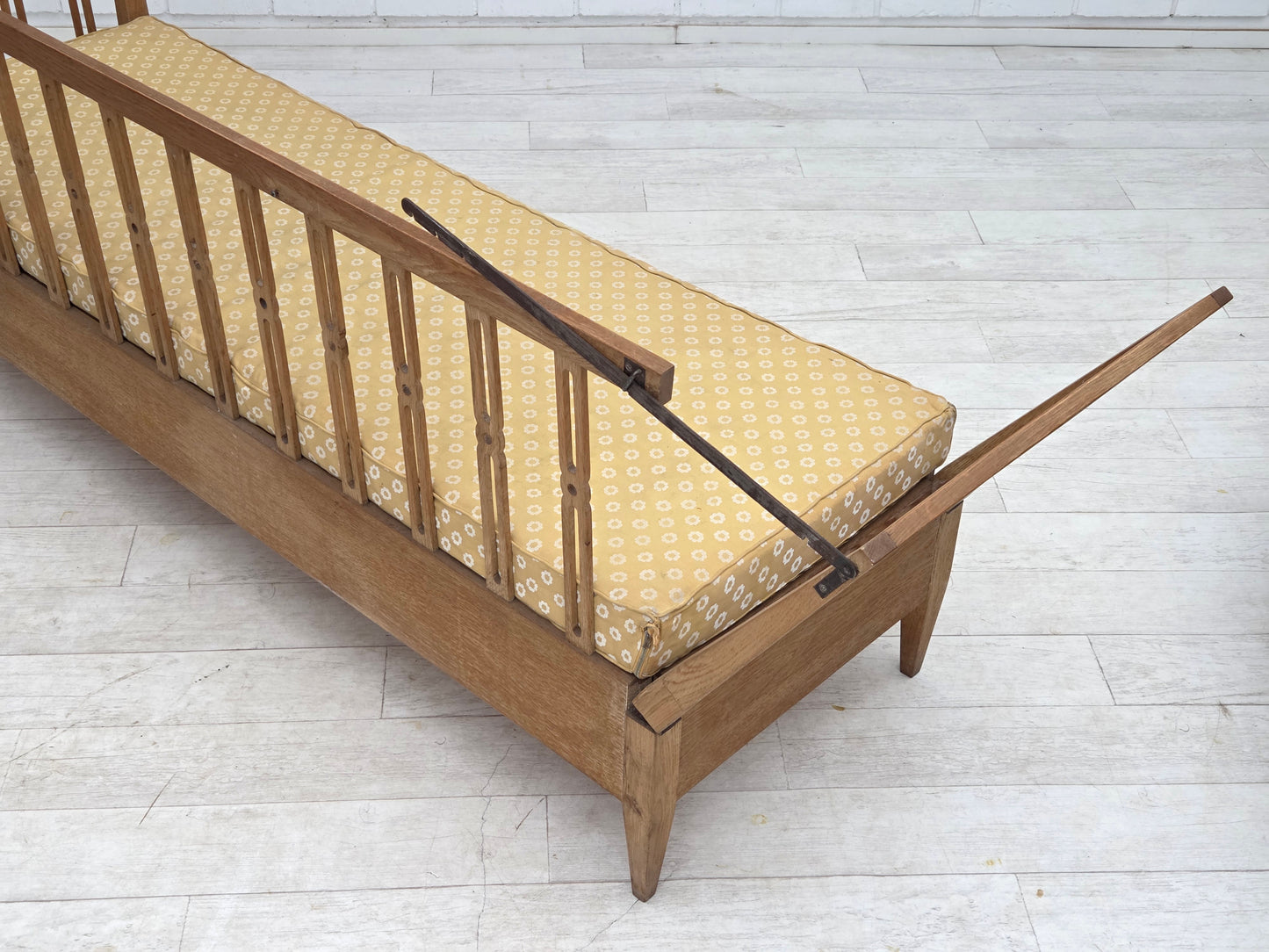 1970s, Swedish drop arm sofa/daybed, furniture fabric, oak wood.