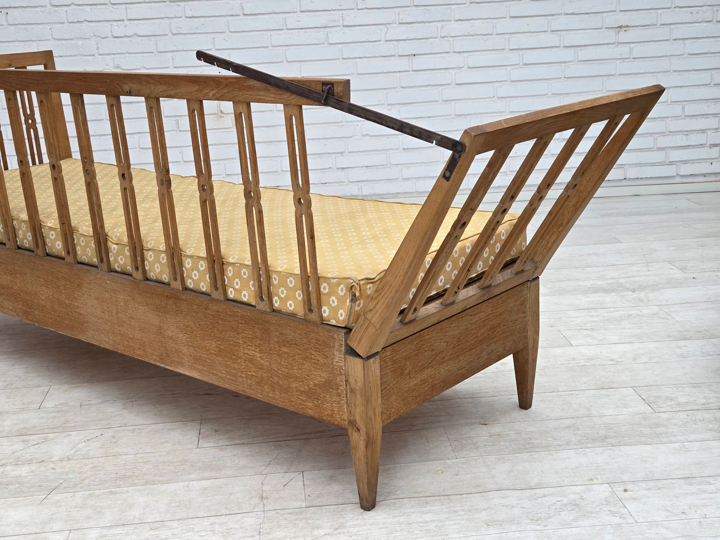 1970s, Swedish drop arm sofa/daybed, furniture fabric, oak wood.