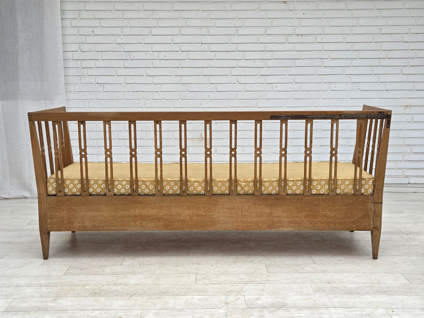 1970s, Swedish drop arm sofa/daybed, furniture fabric, oak wood.