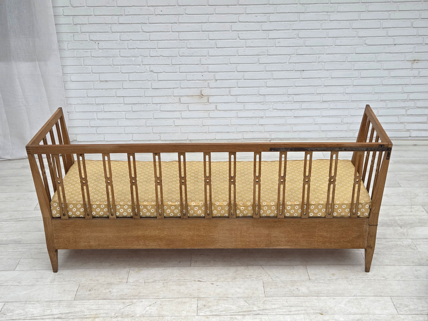 1970s, Swedish drop arm sofa/daybed, furniture fabric, oak wood.