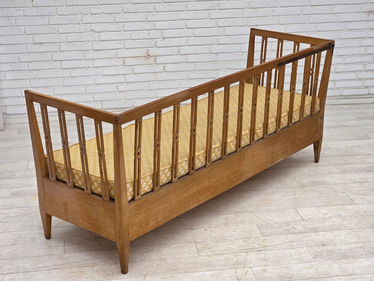 1970s, Swedish drop arm sofa/daybed, furniture fabric, oak wood.