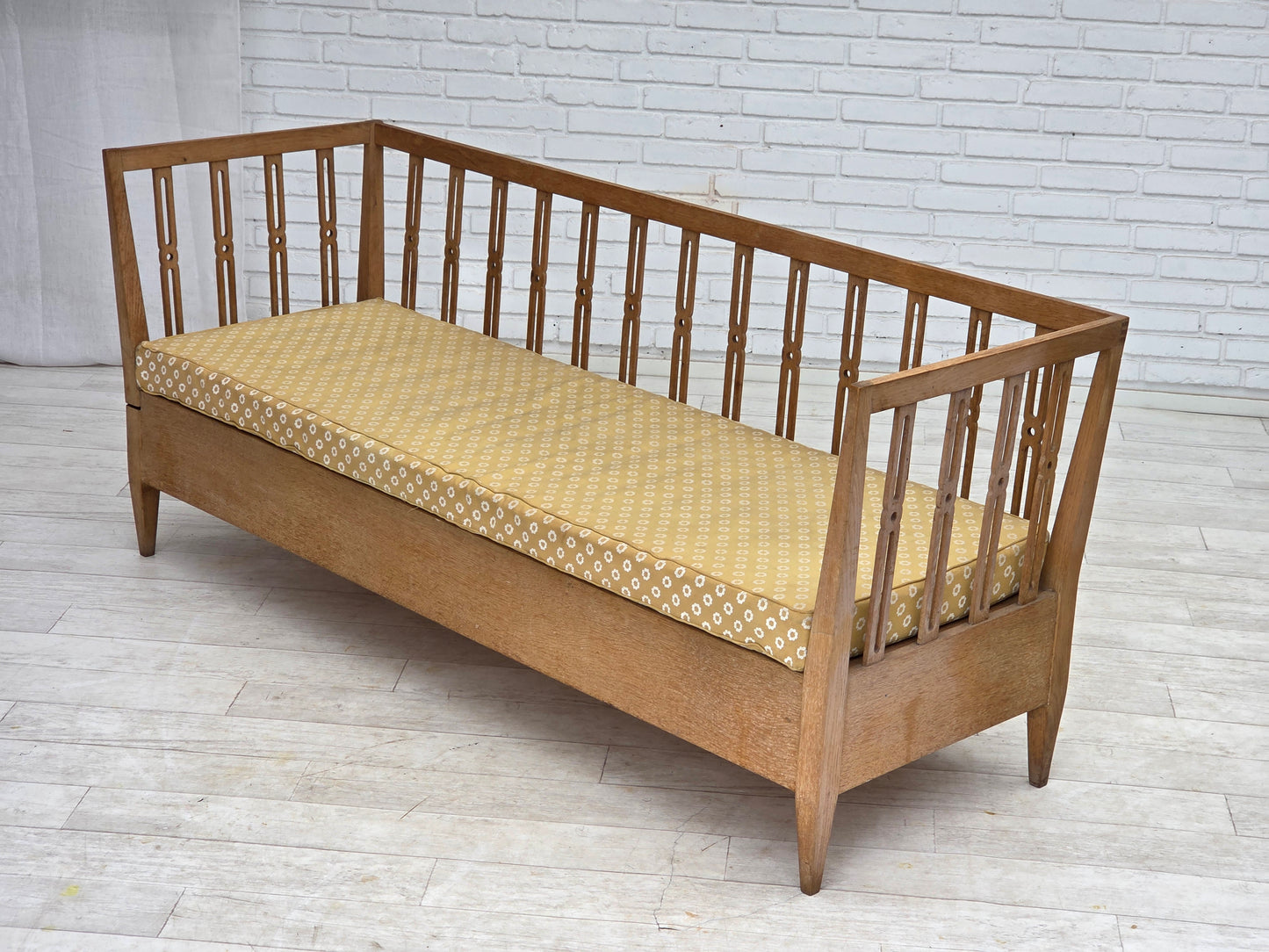 1970s, Swedish drop arm sofa/daybed, furniture fabric, oak wood.