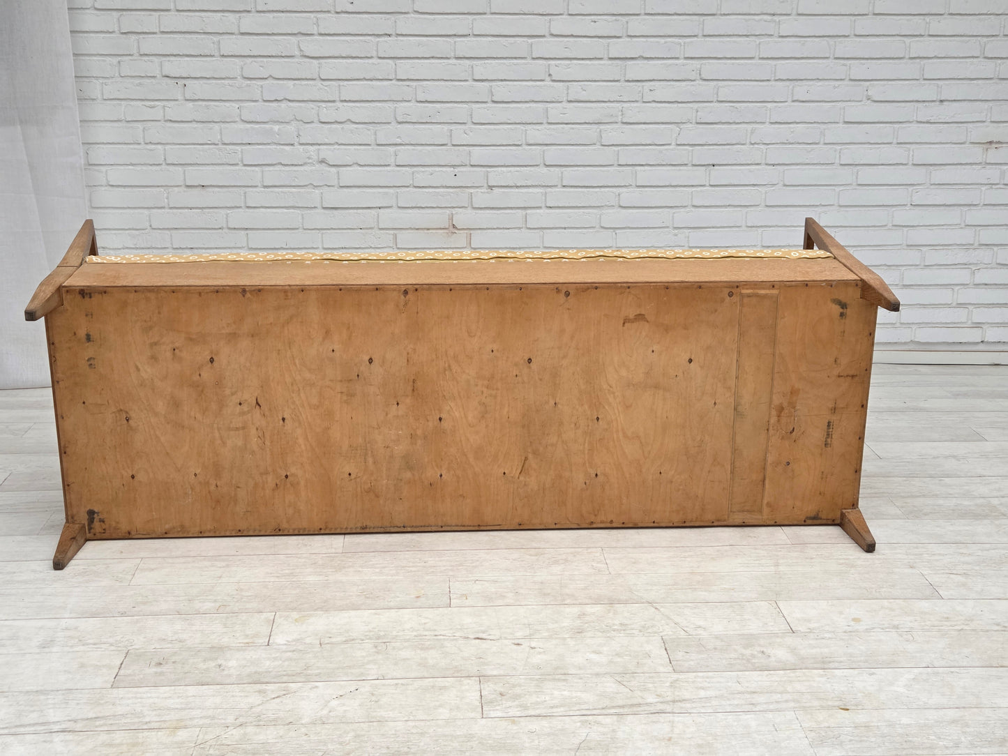 1970s, Swedish drop arm sofa/daybed, furniture fabric, oak wood.