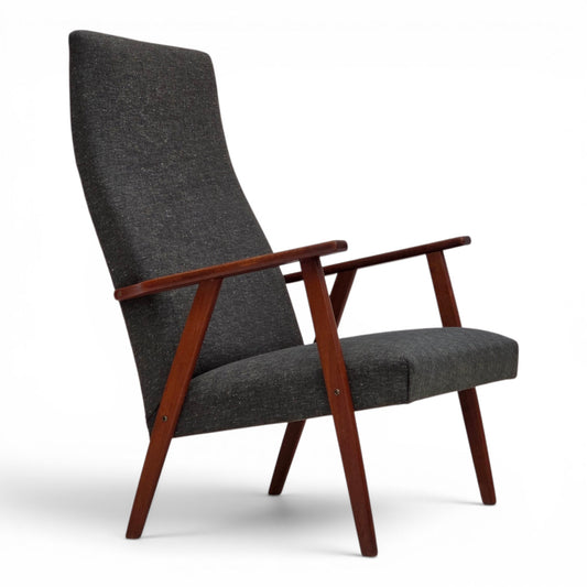 1970s, Danish highback armchair, furniture fabric, teak wood.