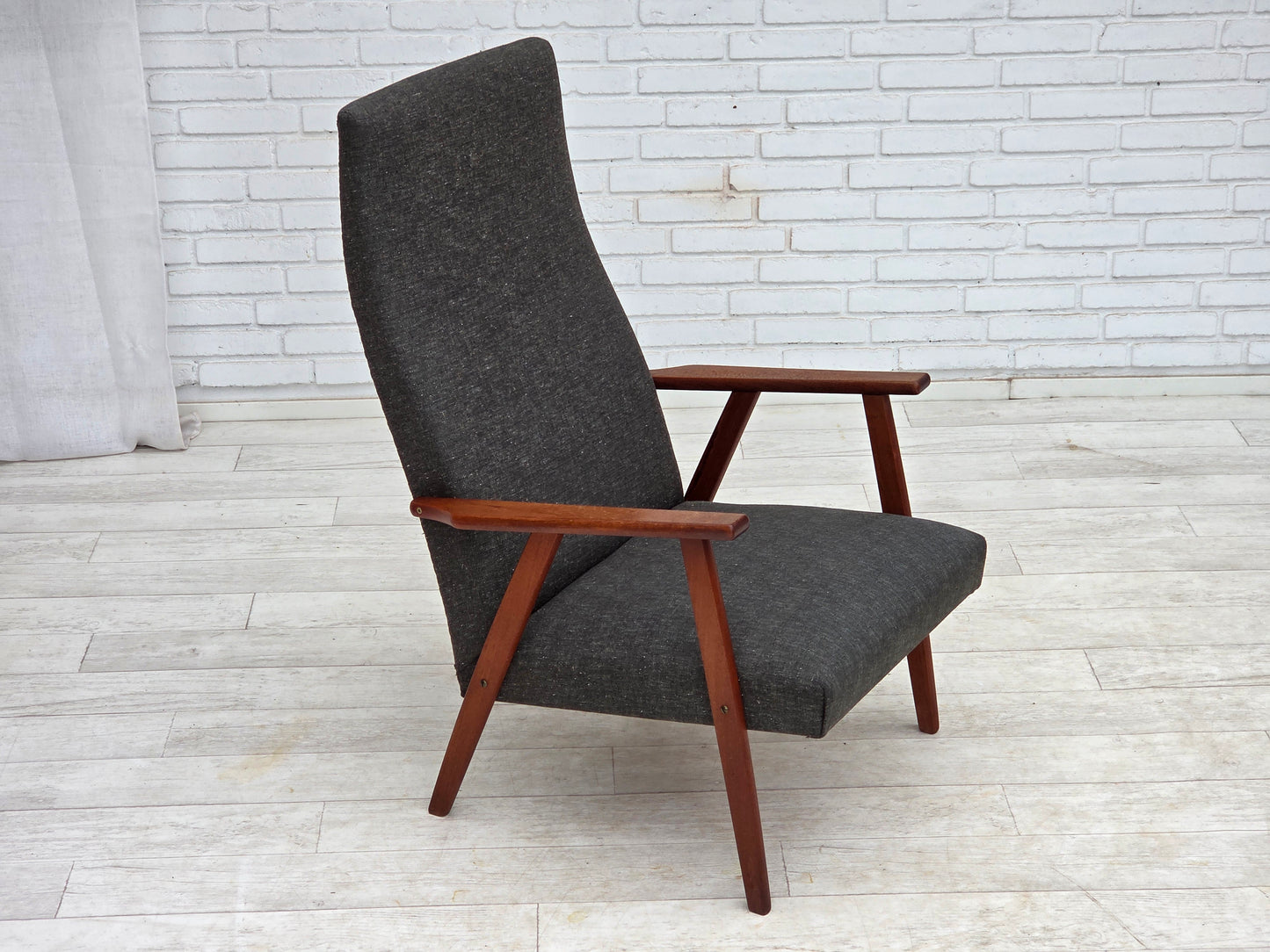 1970s, Danish highback armchair, furniture fabric, teak wood.