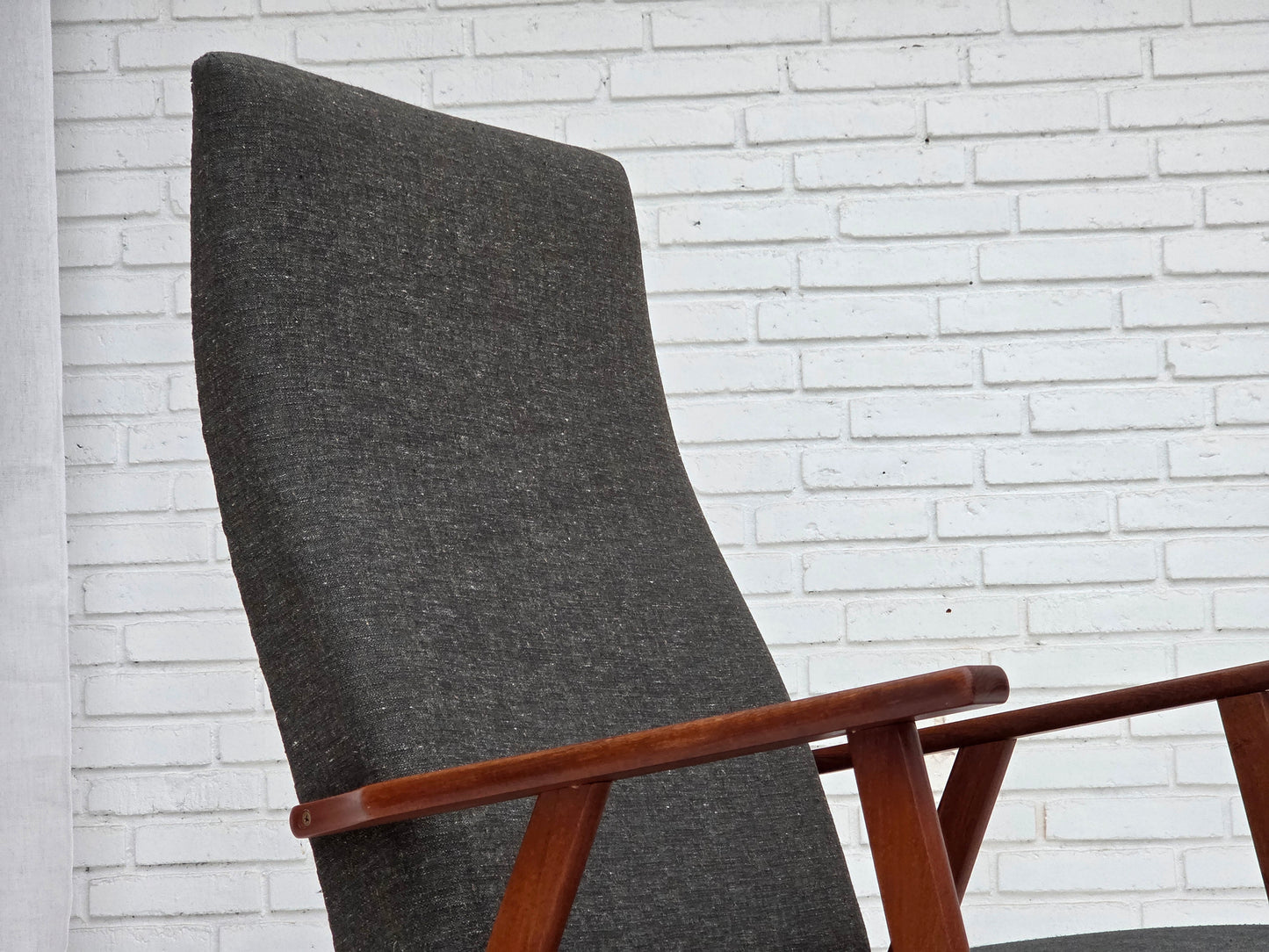 1970s, Danish highback armchair, furniture fabric, teak wood.