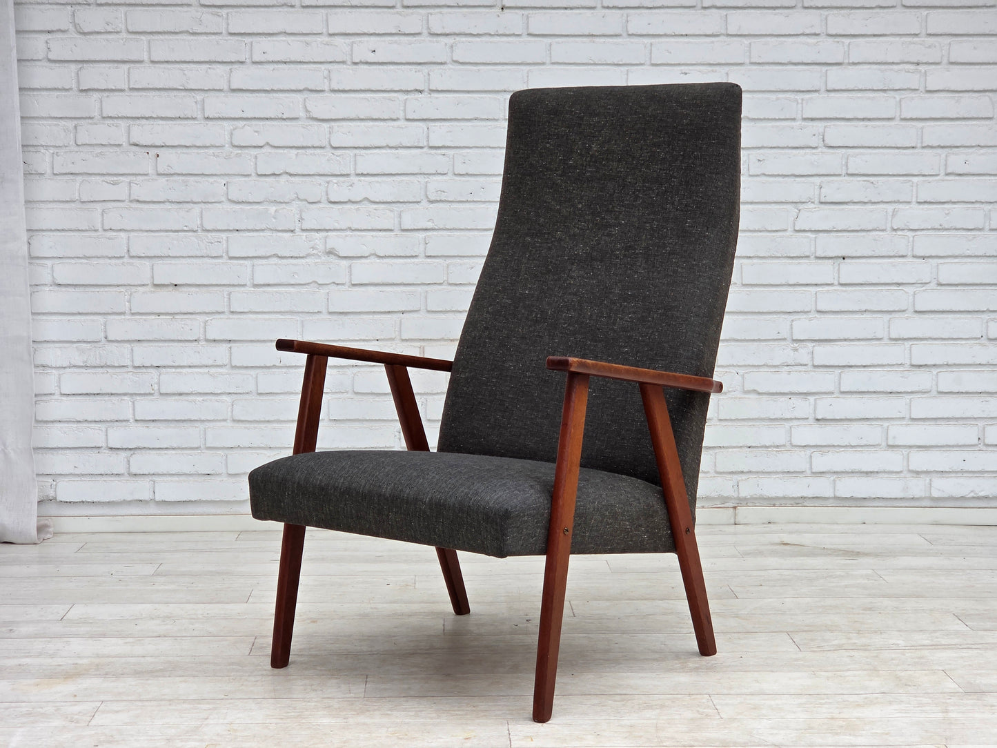 1970s, Danish highback armchair, furniture fabric, teak wood.
