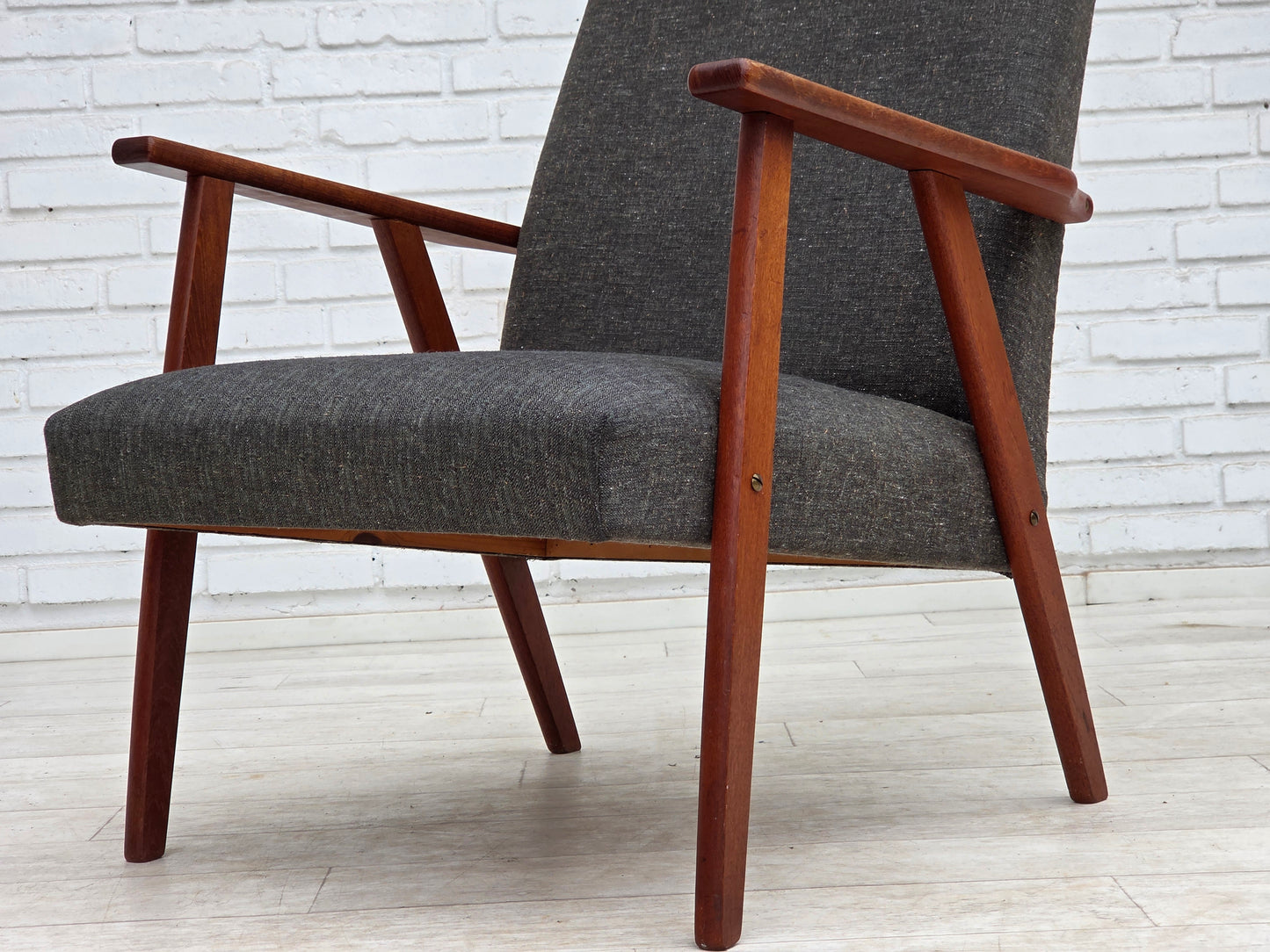 1970s, Danish highback armchair, furniture fabric, teak wood.