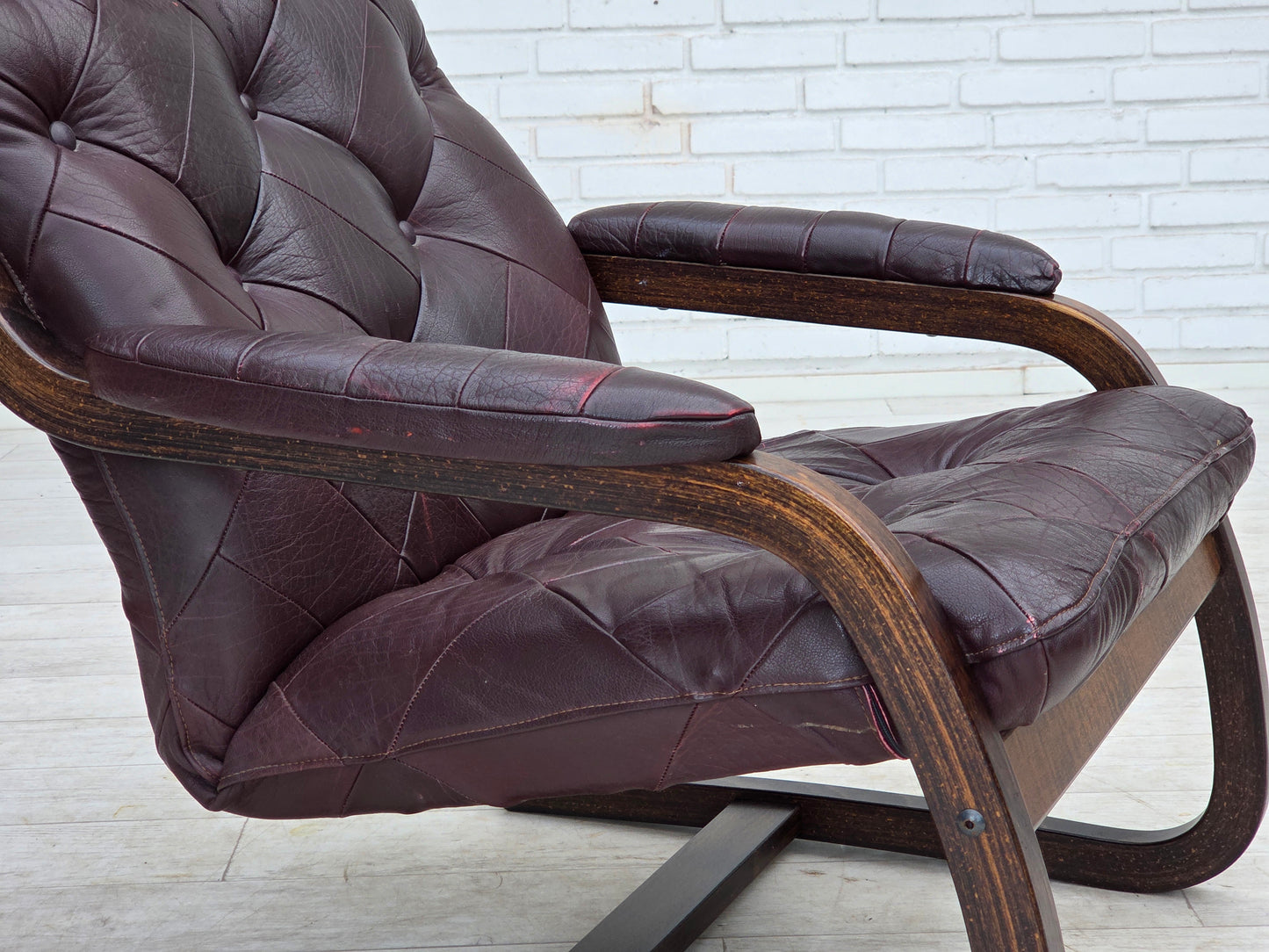 1970s, Scandinavian armchair, brown furniture leather, bent wood.