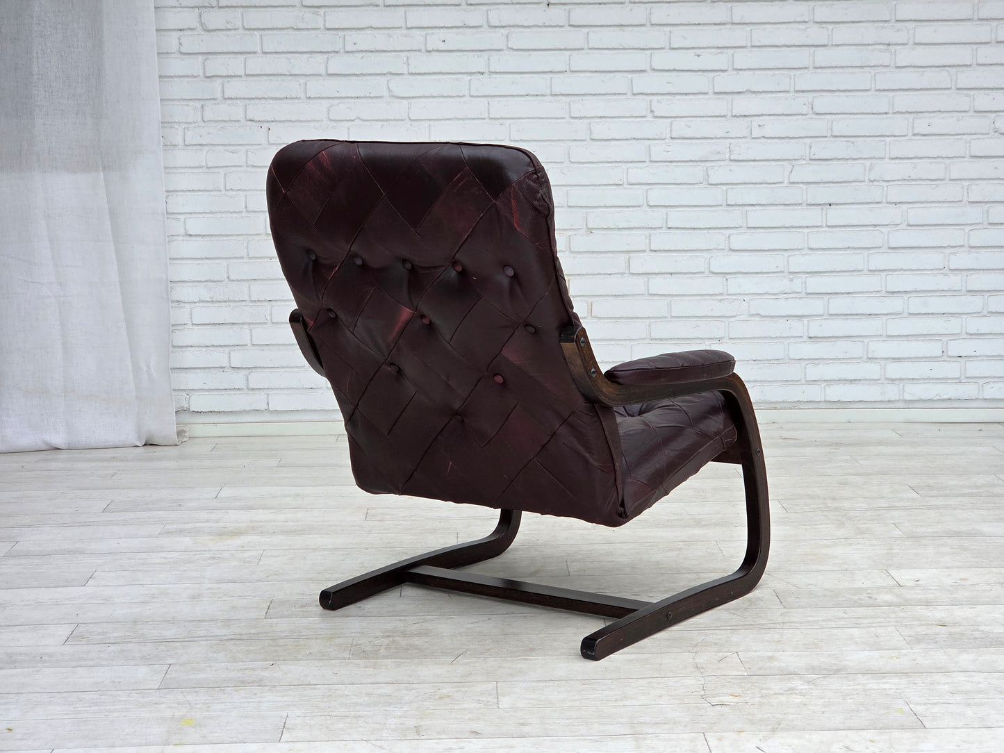1970s, Scandinavian armchair, brown furniture leather, bent wood.
