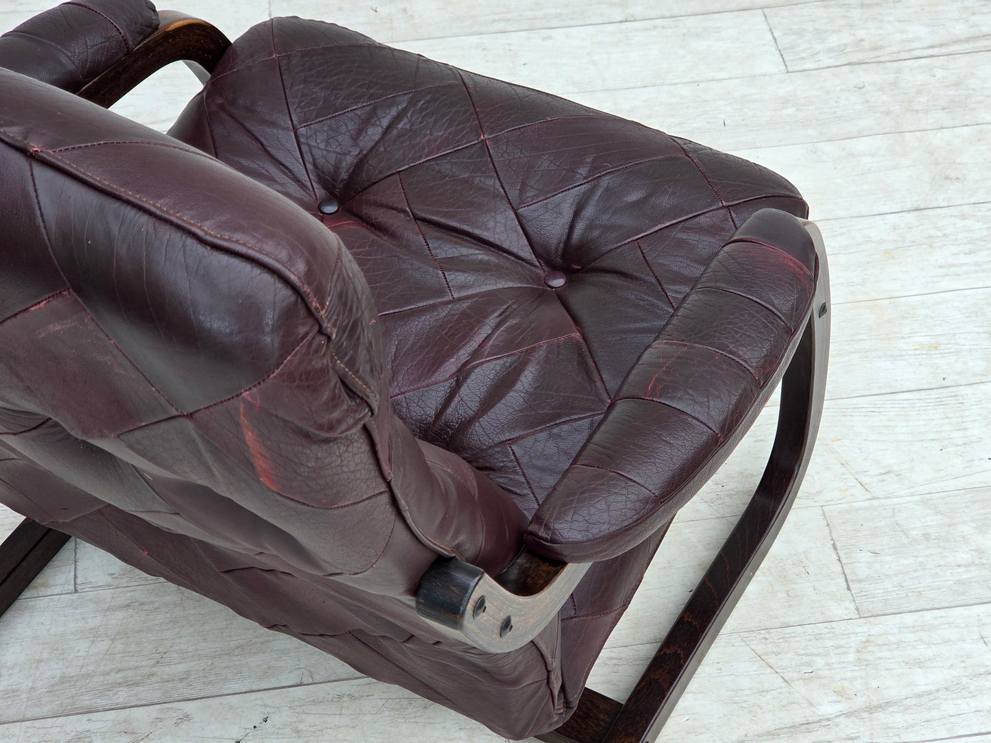 1970s, Scandinavian armchair, brown furniture leather, bent wood.