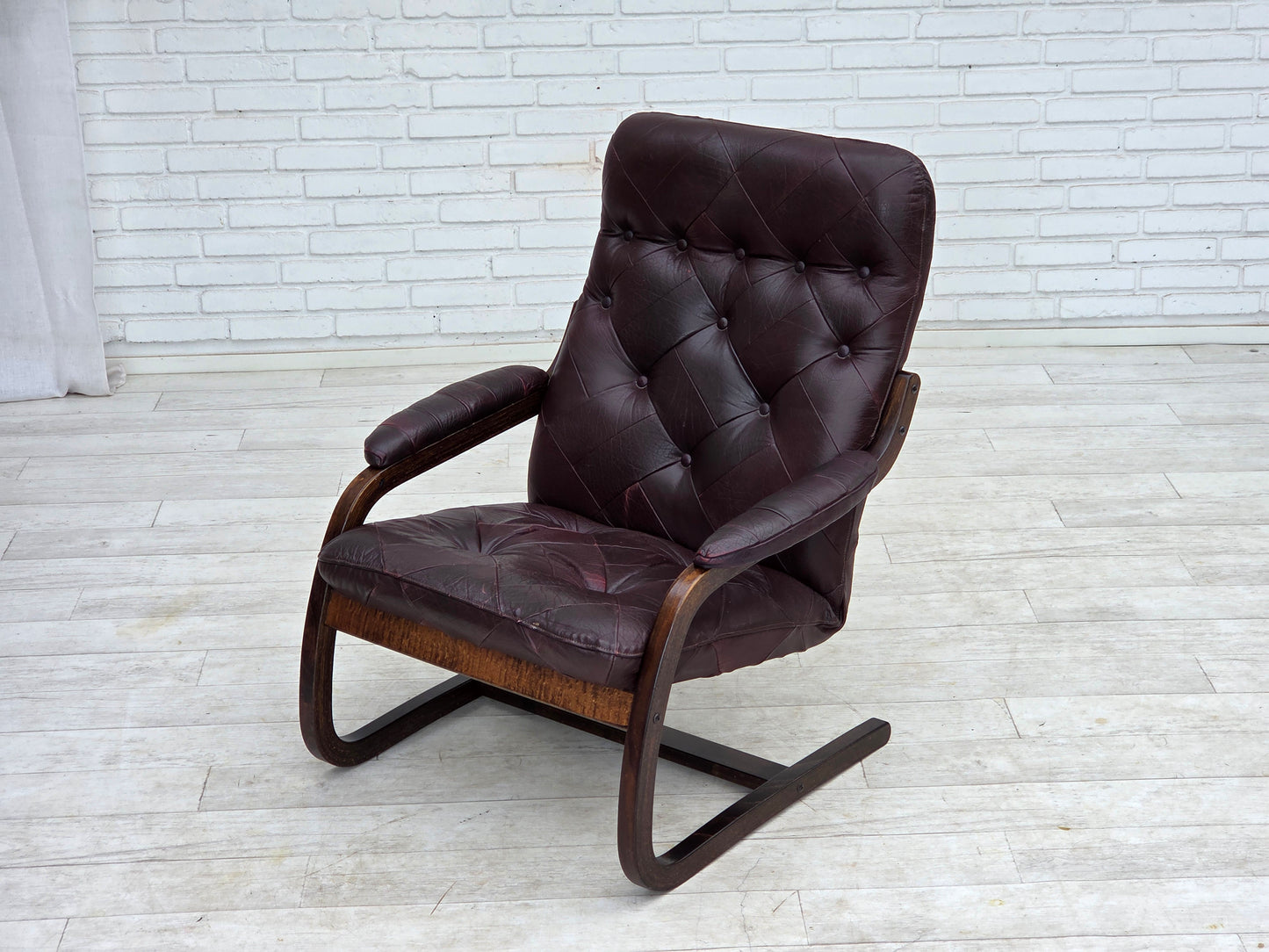 1970s, Scandinavian armchair, brown furniture leather, bent wood.
