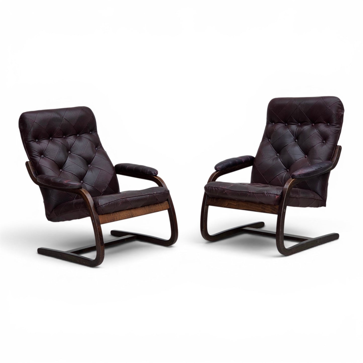 1970s, Scandinavian armchair, brown furniture leather, bent wood.