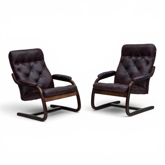 1970s, Scandinavian armchair, brown furniture leather, bent wood.