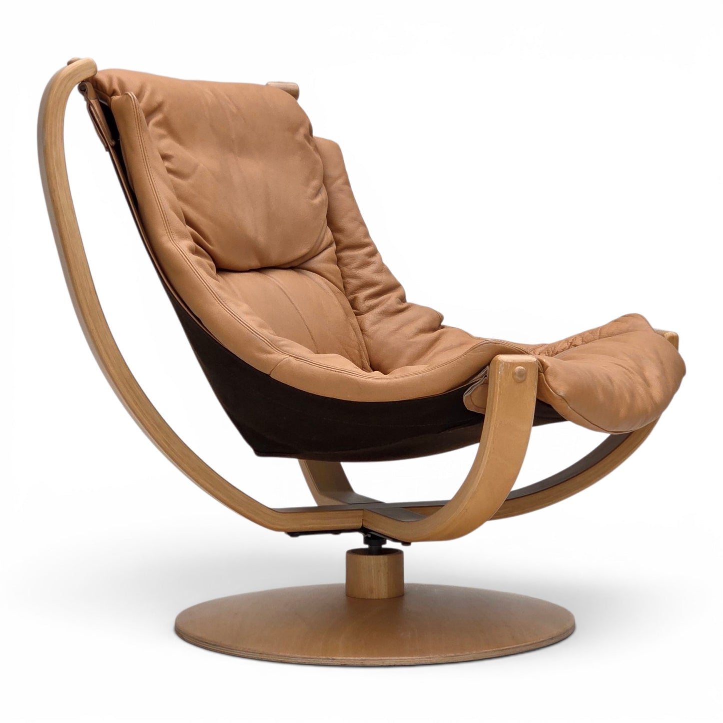 1980s, Scandinavian swivel armchair, furniture leather, bent wood.