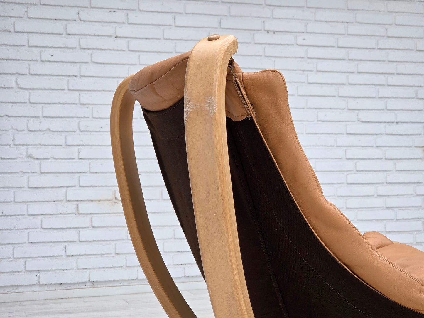 1980s, Scandinavian swivel armchair, furniture leather, bent wood.