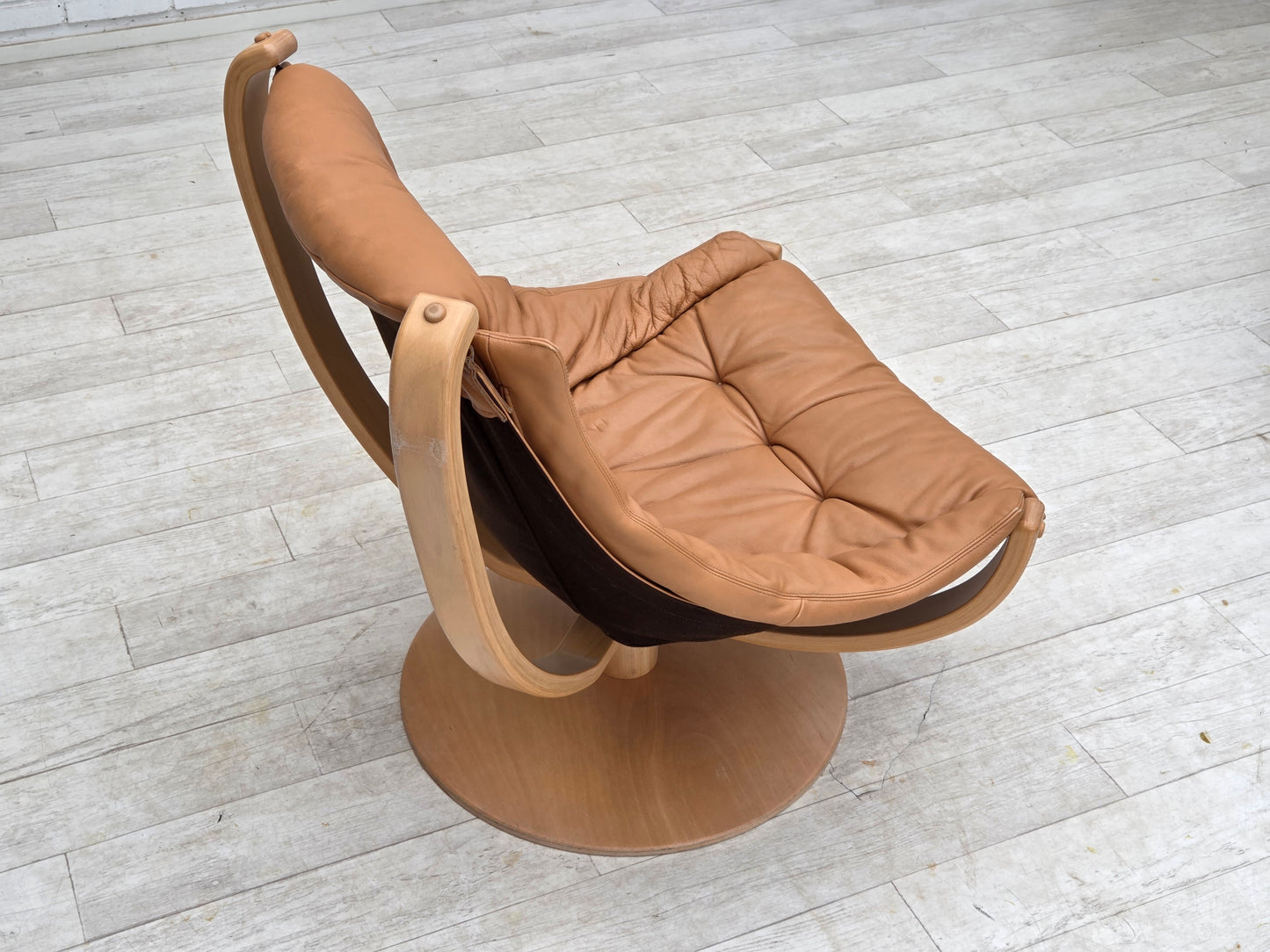 1980s, Scandinavian swivel armchair, furniture leather, bent wood.