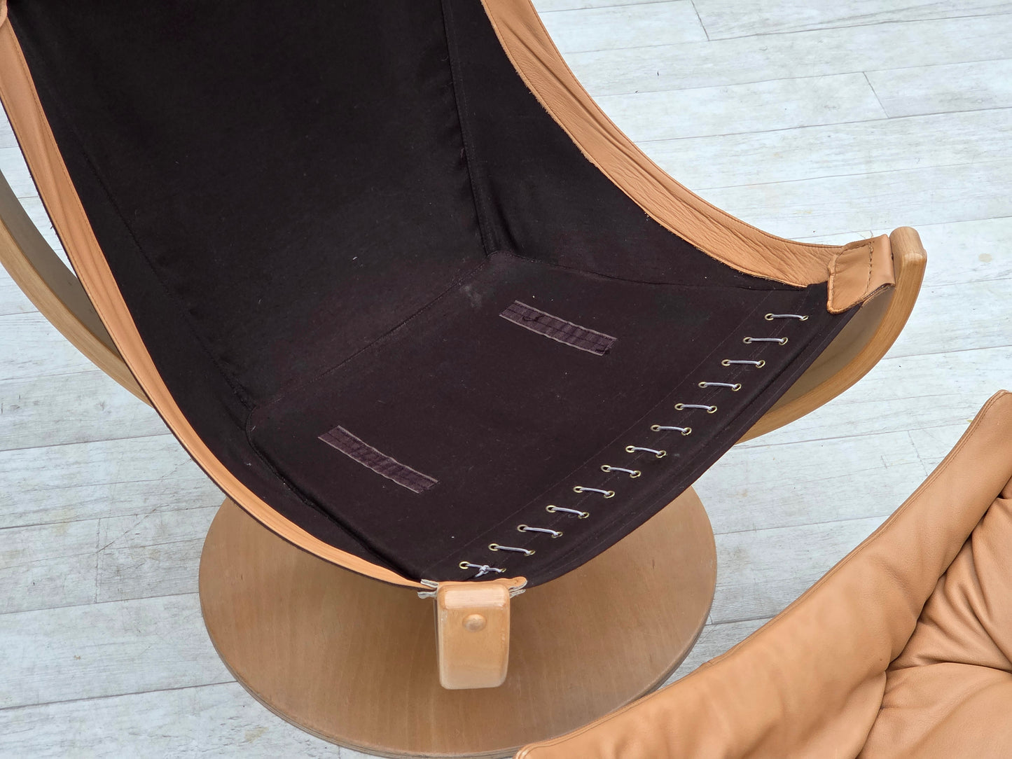 1980s, Scandinavian swivel armchair, furniture leather, bent wood.