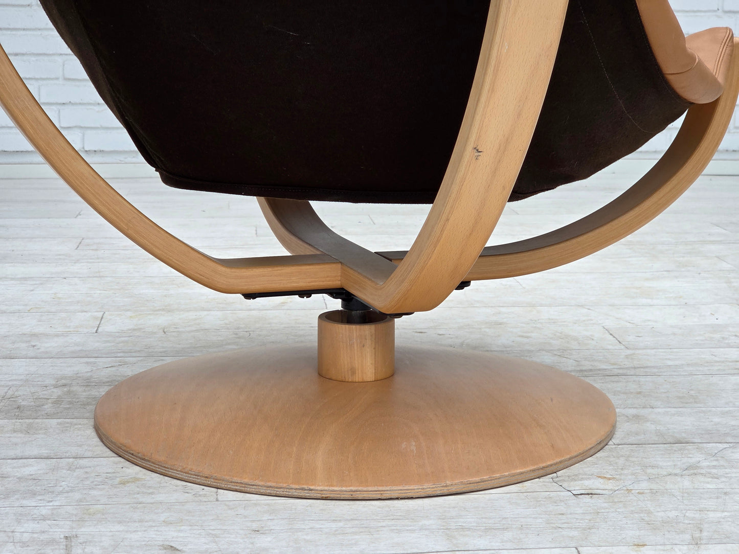 1980s, Scandinavian swivel armchair, furniture leather, bent wood.