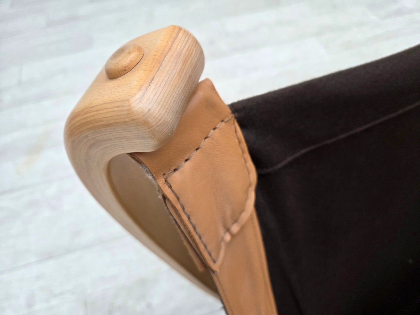 1980s, Scandinavian swivel armchair, furniture leather, bent wood.