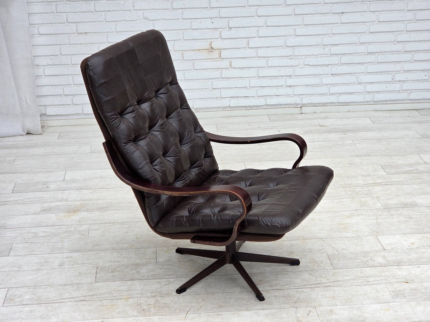 1970s, Scandinavian swivel armchair, original patchwork furniture leather.