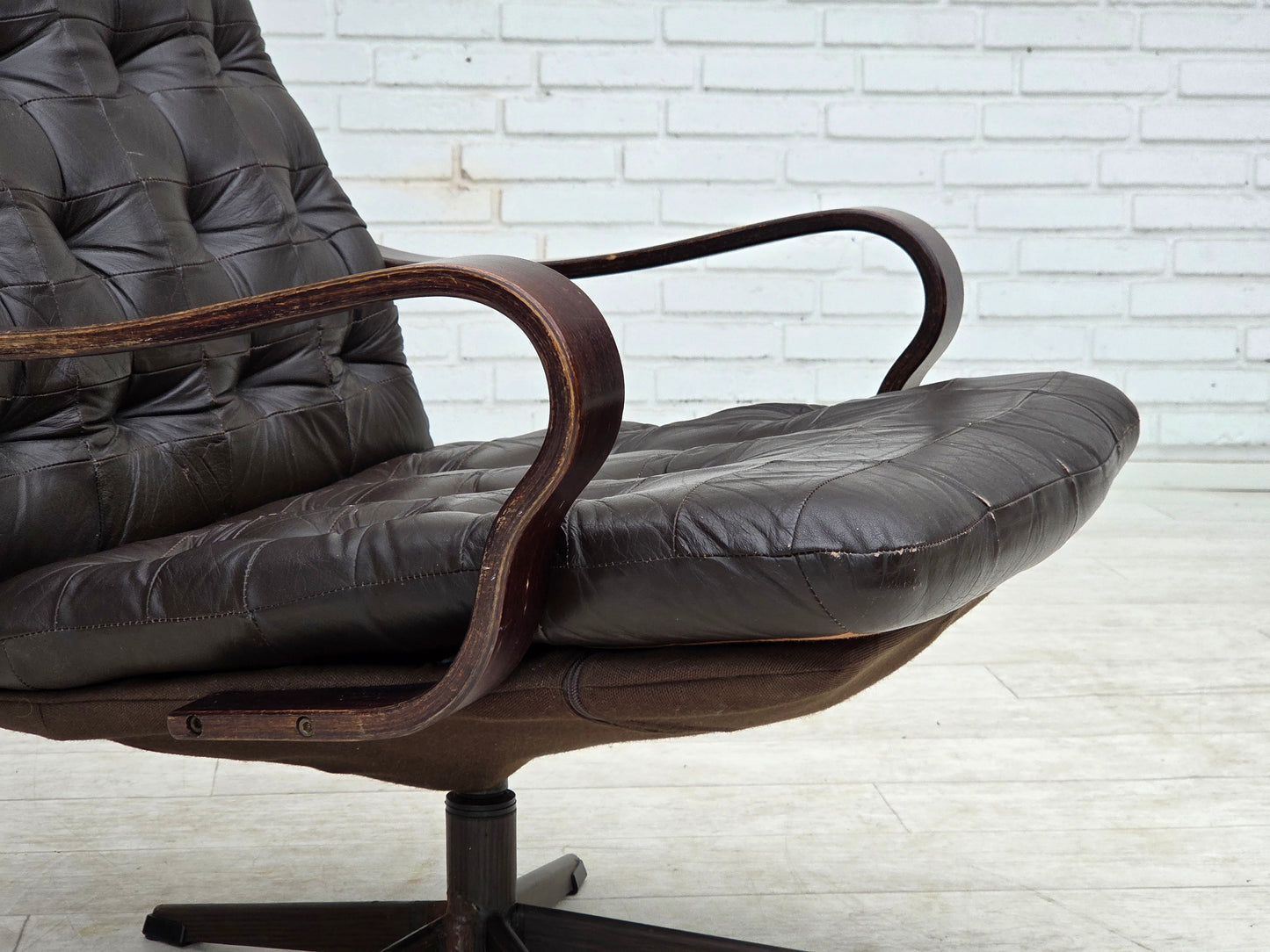 1970s, Scandinavian swivel armchair, original patchwork furniture leather.