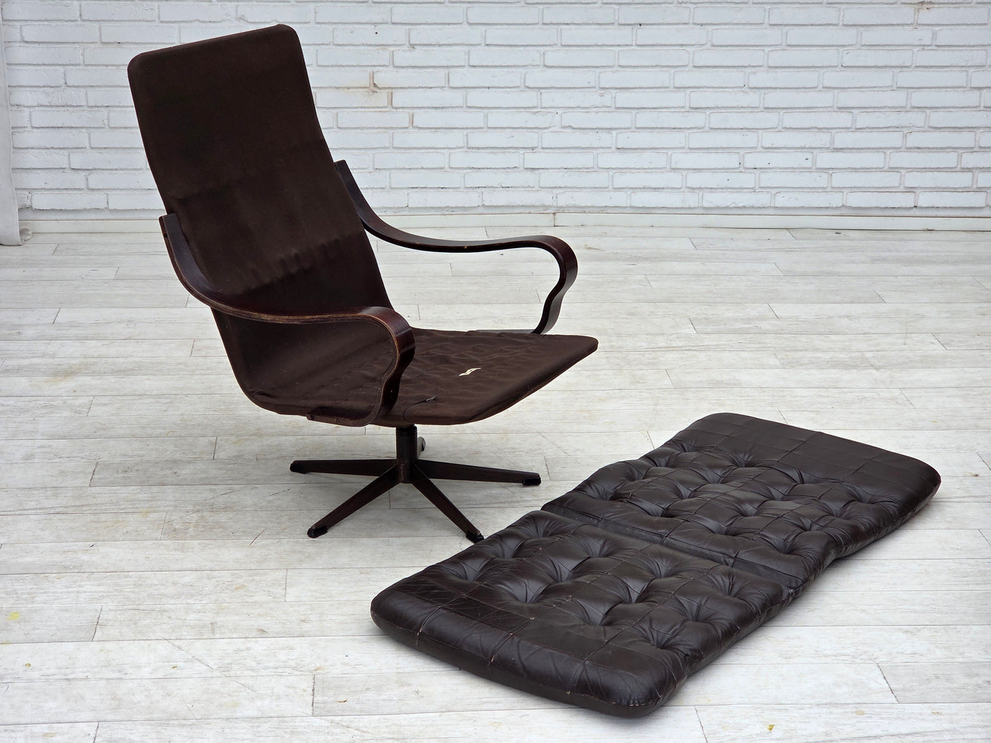 1970s, Scandinavian swivel armchair, original patchwork furniture leather.