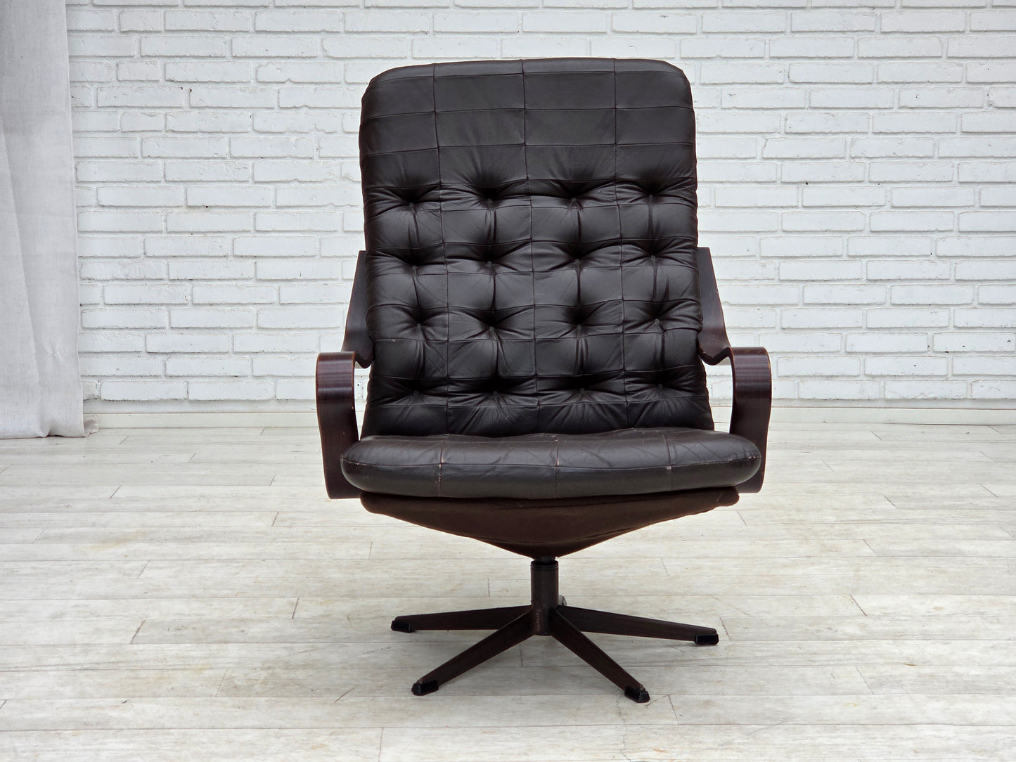 1970s, Scandinavian swivel armchair, original patchwork furniture leather.