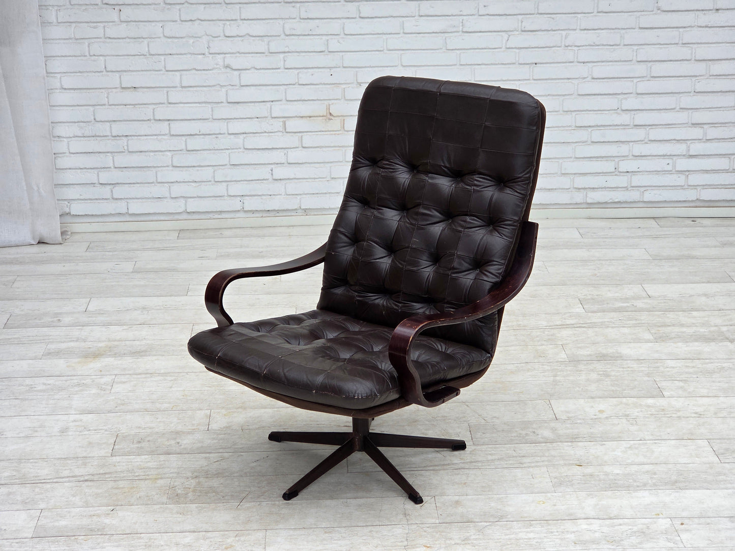1970s, Scandinavian swivel armchair, original patchwork furniture leather.
