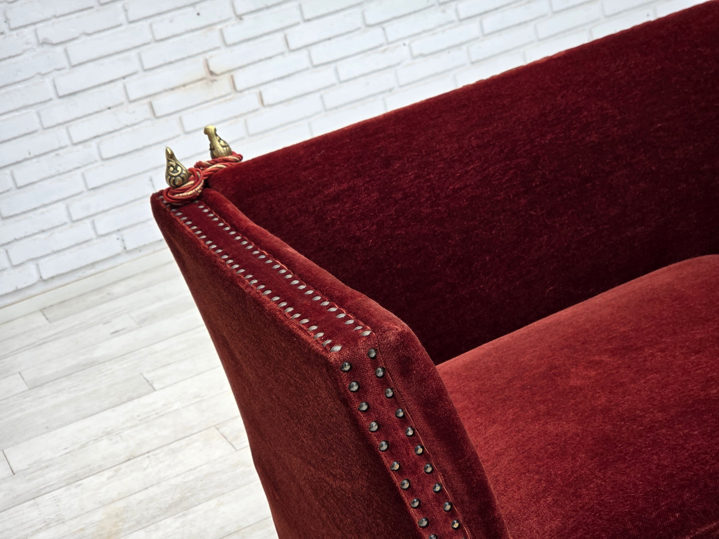 1970s, Danish 2-seater drop arm "Spanish" sofa, furniture velour.